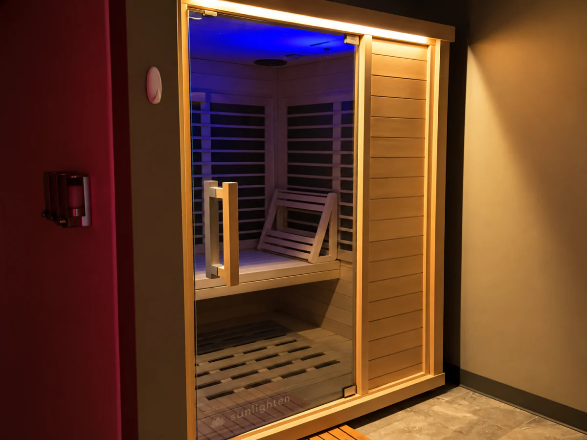 Warm wooden infrared sauna at Serenus